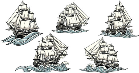 Majestic tall ships with billowing sails navigate dynamic ocean waves, evoking adventure and exploration across the seas