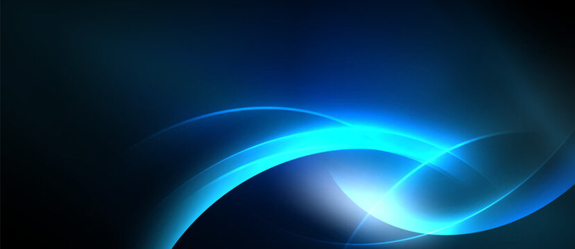Abstract blue light curves flow, creating dynamic energy. Dark background emphasizes bright illumination, smooth gradients present.