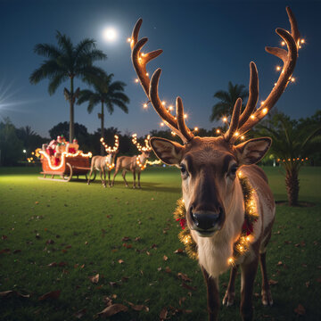 A reindeer looking at the camera on Christmas Eve - Uma rena do Papai Noel olhando para a c&acirc;mera na noite de natal