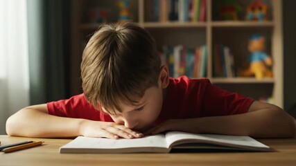 A focused young boy is deeply engrossed in reading a book at his wooden study desk.