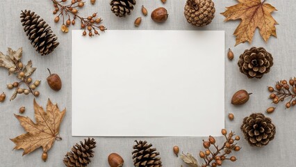 Fototapeta premium Autumn leaves and pinecones surrounding a blank white card on a gray fabric background. Nature-inspired seasonal decoration.