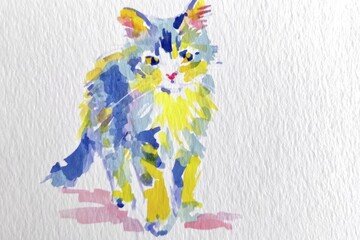 Colorful watercolor painting of a fluffy cat on textured paper