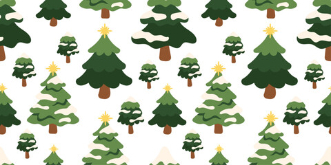 Seamless Christmas tree pattern with various snow-covered pine trees in  cozy style. Winter forest elements with firs, festive stars and seasonal green tones create  soft holiday background.