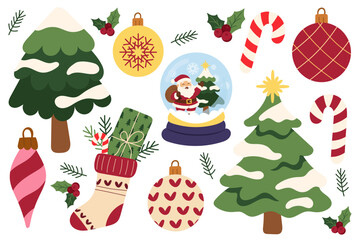 Cozy Christmas set with snow-covered Christmas trees, Santa inside snow globe, holiday ornaments, candy canes, holly leaves, festive stocking with gifts, and winter greenery. Warm seasonal colors.
