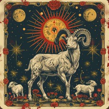 Celestial aries zodiac sign featuring ram with constellation and floral accents