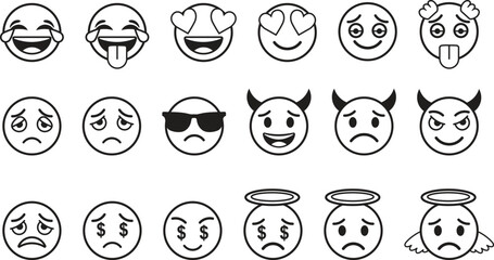 Collection of hand drawn emoji faces expressing various emotions and concepts in black and white outline