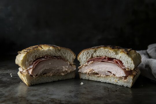 Gourmet sandwich with layers of turkey and prosciutto on rustic bread - Powered by Adobe