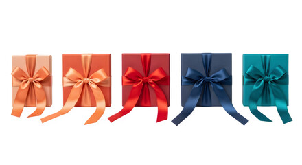 Five elegant gift boxes with satin ribbons in vibrant colors, perfect for celebrations and special occasions