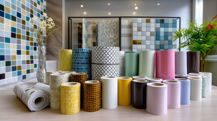 Defocused wall display with multiple tile patterns and pastel wallpaper rolls, concept of home improvement inspiration, with copy space.