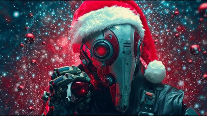 Nikitailcakov stands in space adorned with a Santa hat celebrating New Year amidst vibrant cosmic colors and decorations.