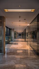 Obraz premium Modern Corridor Architecture: A long, modern corridor stretches into the distance, framed by sleek, reflective surfaces and bathed in soft light.