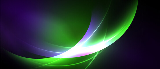 Abstract flowing lines, vibrant purple, green hues. Bright white streak adds dynamic visual interest. Smooth gradients create depth.