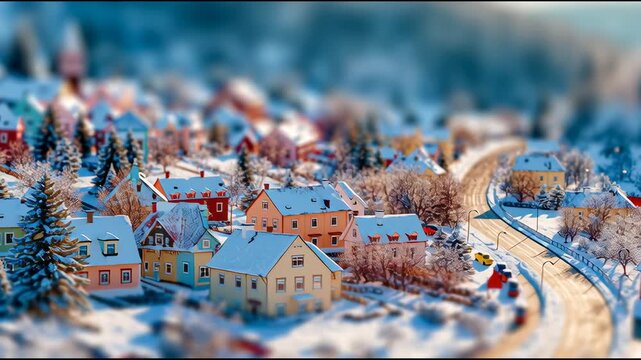 Explore a beautiful winter landscape showcasing colorful houses blanketed in snow. Scenic roads meander through this festive New Year setting.