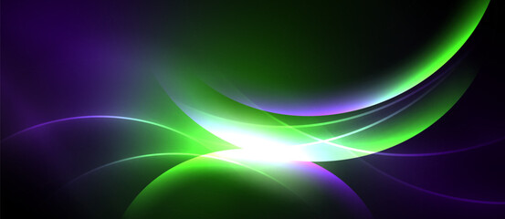 Abstract vibrant curves blend, creating luminous green, purple glow. Bright center radiates energy, dark background contrasts beautifully.