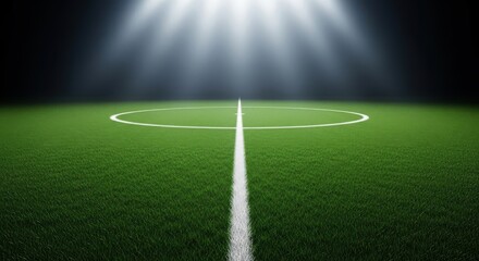 A perfectly manicured green soccer field with white lines, illuminated by bright stadium spotlights in the dark