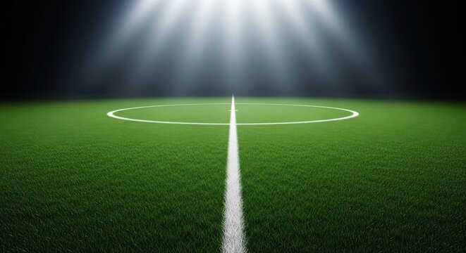 A perfectly manicured green soccer field with white lines, illuminated by bright stadium spotlights in the dark