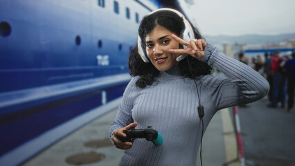 Woman wearing headset holding game controller with hands visible at building dock pier; concentration gaming leisure.
