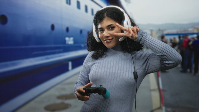 Woman wearing headset holding game controller with hands visible at building dock pier; concentration gaming leisure.