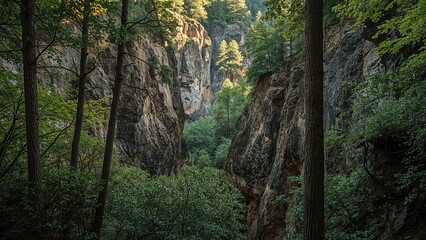 Dense forest with rocky cliffs and lush green trees in a canyon or gorge area.