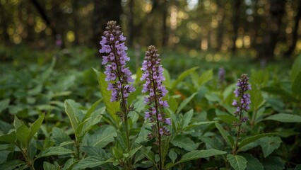 Obraz premium Purple flowering plants in a garden with lush green leaves and a blurred natural background.