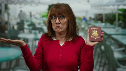 Woman holding philippines passport in outdoor restaurant expressing confusion with tables and chairs visible in background under white canopy.