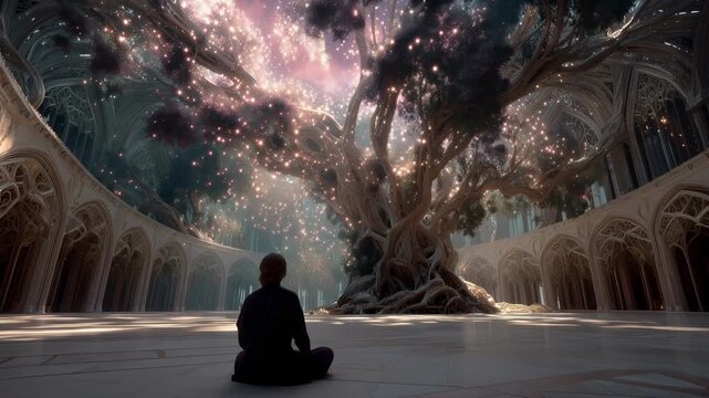 Lone silhouette of a person meditating in a vast, ancient hall, facing a giant mystical tree whose branches are adorned with sparkling lights, creating a serene and magical atmosphere
