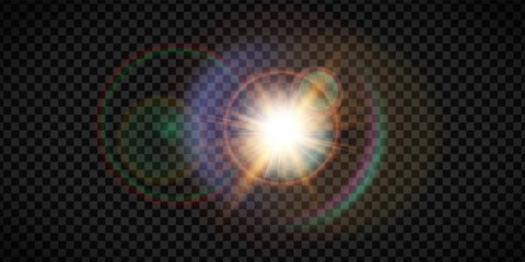 Halo sun flare effect with sparkle spotlight and radiance highlight. Spring or christmas abstract transparent sunshine light. Ray glow flash white circle magic or heat isolated warm sky. © RDVector