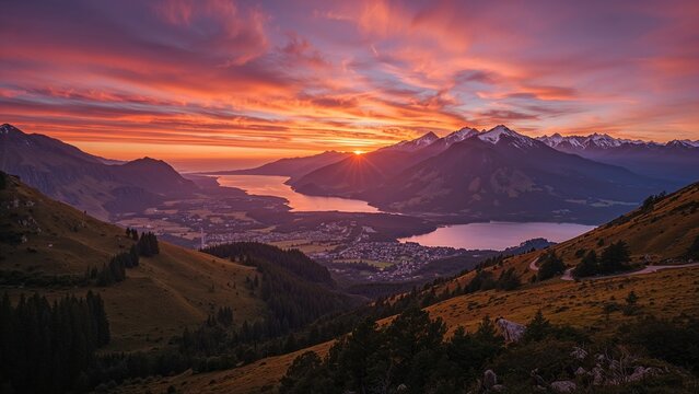 Sunset over mountains and lake in a valley with snow-capped peaks and lush green hills.
