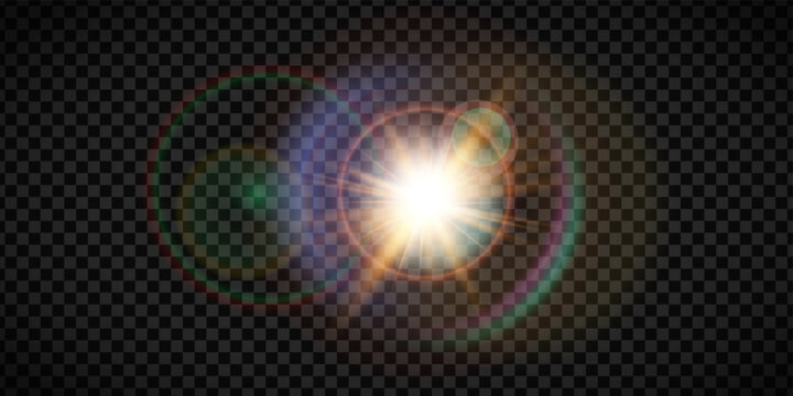 Halo sun flare effect with sparkle spotlight and radiance highlight. Spring or christmas abstract transparent sunshine light. Ray glow flash white circle magic or heat isolated warm sky.