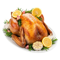 Golden roasted whole chicken with fresh lemon, garlic, and rosemary for a perfect celebratory meal.