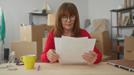 Senior hispanic woman reviewing documents in a new home living room surrounded by moving boxes and...