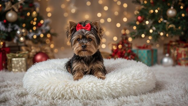 A cute Yorkshire Terrier puppy with a red bow on its head sitting on a fluffy white bed, with Christmas trees and decorations in the background. - Powered by Adobe