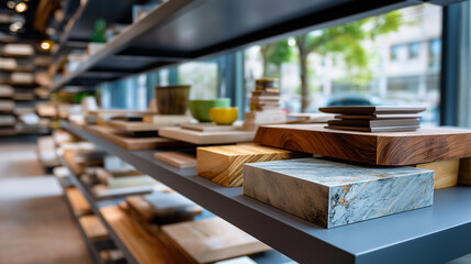 Defocused view of building materials shelf with varied textures—wood, metal, ceramic—natural daylight filtering in, with copy space.