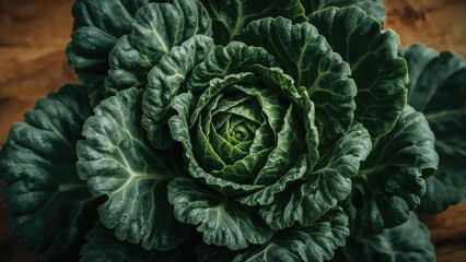 Obraz premium A fresh leafy green vegetable with curly leaves, resembling a lettuce or cabbage.