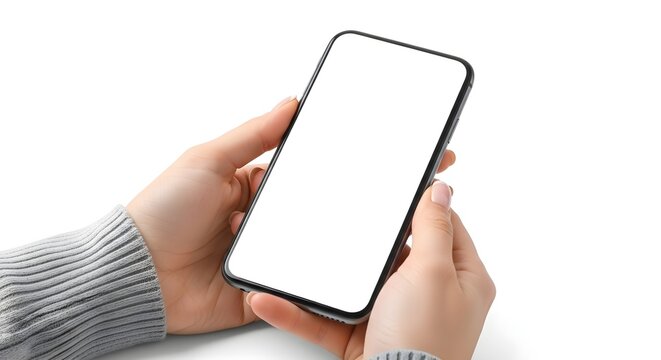 Close up of hands holding a modern smartphone with a blank white screen