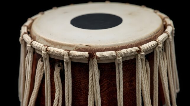 Tabla Drum close-up: A close-up shot of a tabla drum, showing its intricate details, the texture of the drumhead, and the craftsmanship of the instrument, evoking rhythm and sound