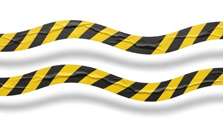 Wavy black and yellow caution tape stripes isolated on white background
