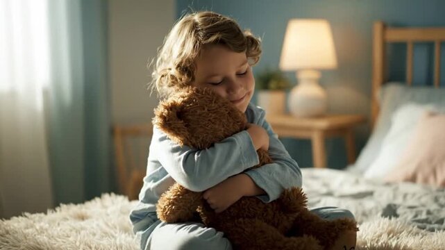 A young child finds comfort and joy hugging a teddy bear on a fluffy bed at home