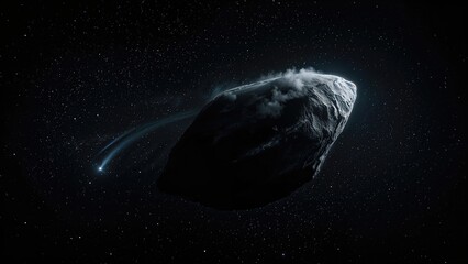 A space scene featuring an asteroid or comet with a bright tail moving past a large asteroid or space rock in the darkness of space.