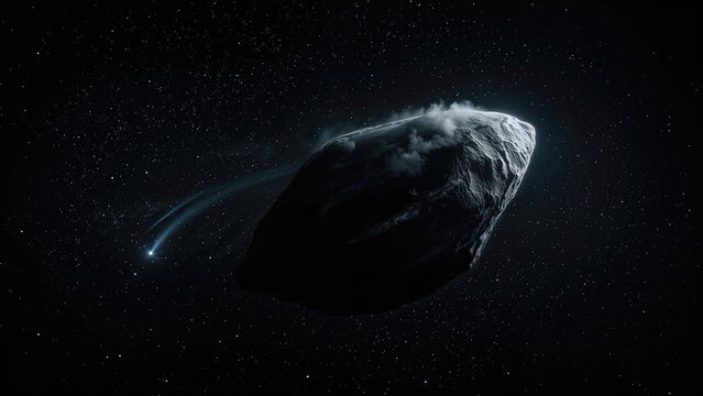 A space scene featuring an asteroid or comet with a bright tail moving past a large asteroid or space rock in the darkness of space. - Powered by Adobe