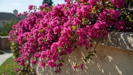 Obraz premium Vivid pink bougainvillea flowers growing along a stone wall in a garden setting.