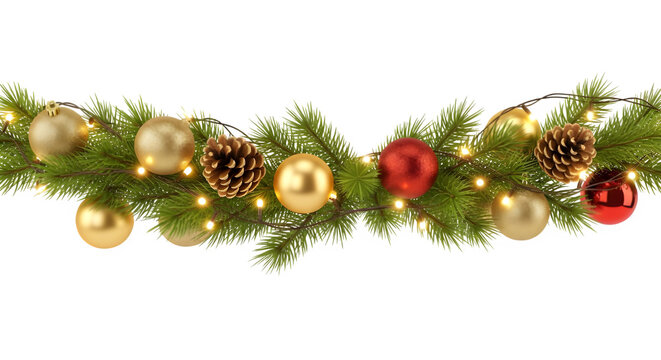 Festive Christmas garland with golden ornaments, red baubles, pine cones, and warm fairy lights creates holiday cheer and seasonal elegance