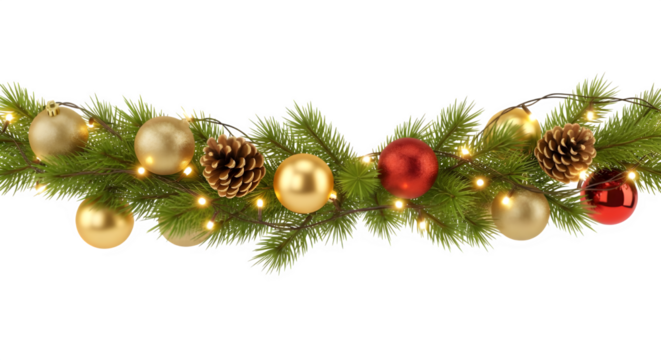 Festive Christmas garland with golden ornaments, red baubles, pine cones, and warm fairy lights creates holiday cheer and seasonal elegance