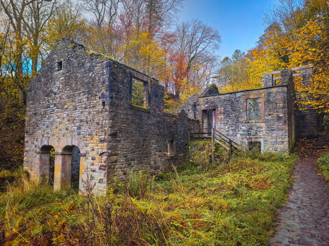 Autumn at The Howk Limestone Gorge with Bobbin Mill Ruins, Caldbeck