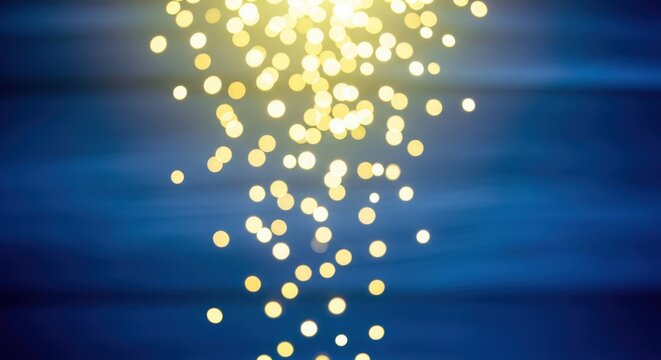 Abstract background of glowing yellow bokeh lights scattered against a deep blue, blurred backdrop, creating a magical and festive atmosphere with a sense of wonder