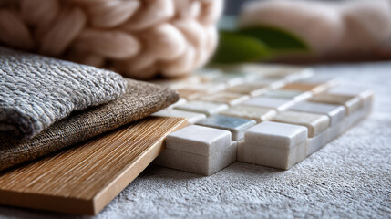 Defocused close-up of renovation textures—tiles, fabrics, wood patterns—on soft neutral surface, modern tone, with copy space.