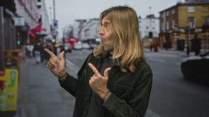 Blond man with long hair points both fingers to storefront on busy street with open mouth;...