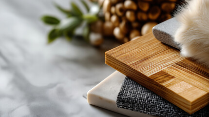 Defocused close-up of renovation textures—tiles, fabrics, wood patterns—on soft neutral surface, modern tone, with copy space.