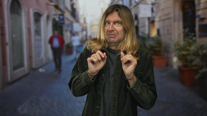 Blond man with long hair cringes with hands raised near chest and narrowed gaze on sunlit narrow...