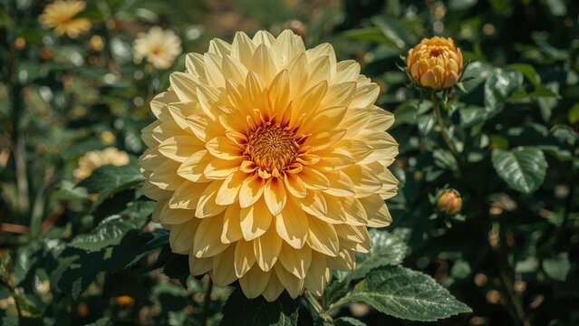 Yellow flower in full bloom amidst green leaves and other flowers, vibrant and detailed. - Powered by Adobe